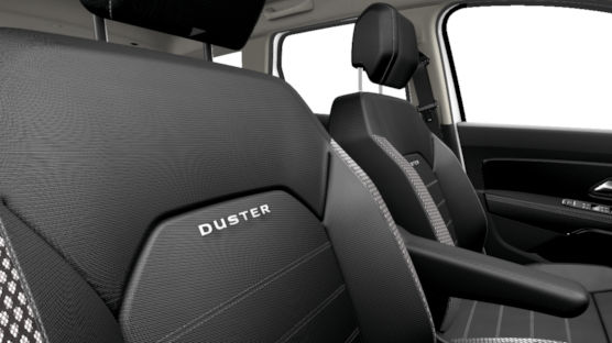 Cloth upholstery in black colour with white stitching and DUSTER signature