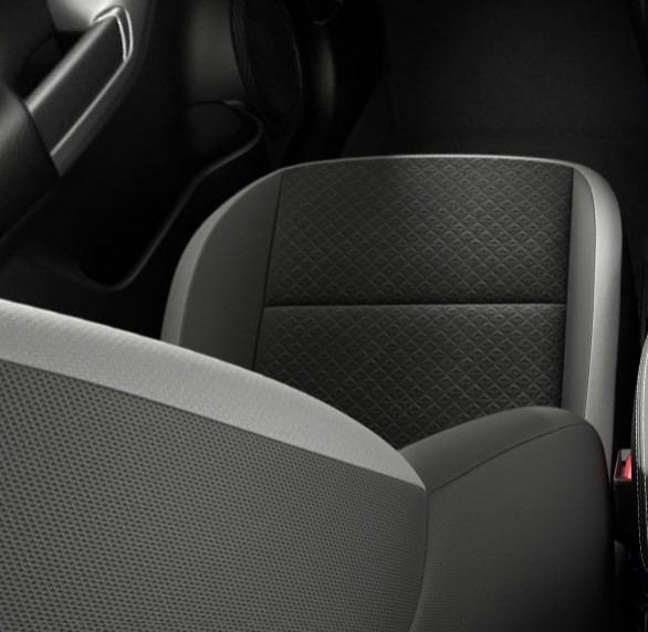 Monoform sports seats with black textile upholstery and black accents