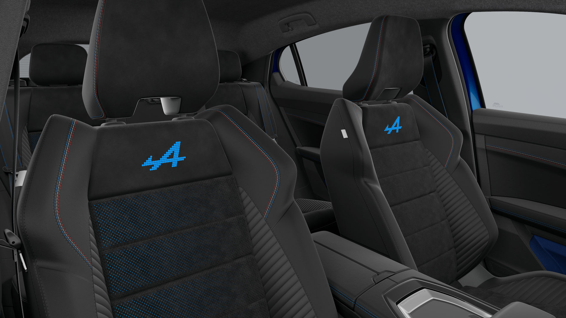 Melns polsterējums, kas izgatavots no pārstrādātas Alcantara ķemmes ar melnu eko-ādas TEP ar zilu perforāciju