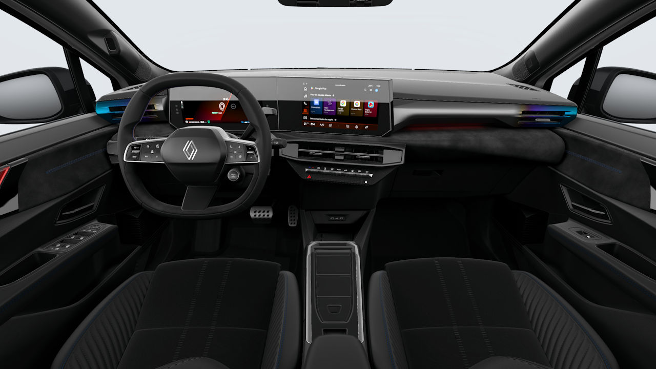 Musta värvi taaskasutatud kangas, tepitud pealispinnaga tekstiil ja siniste õmblustega Alcantara istmepolster