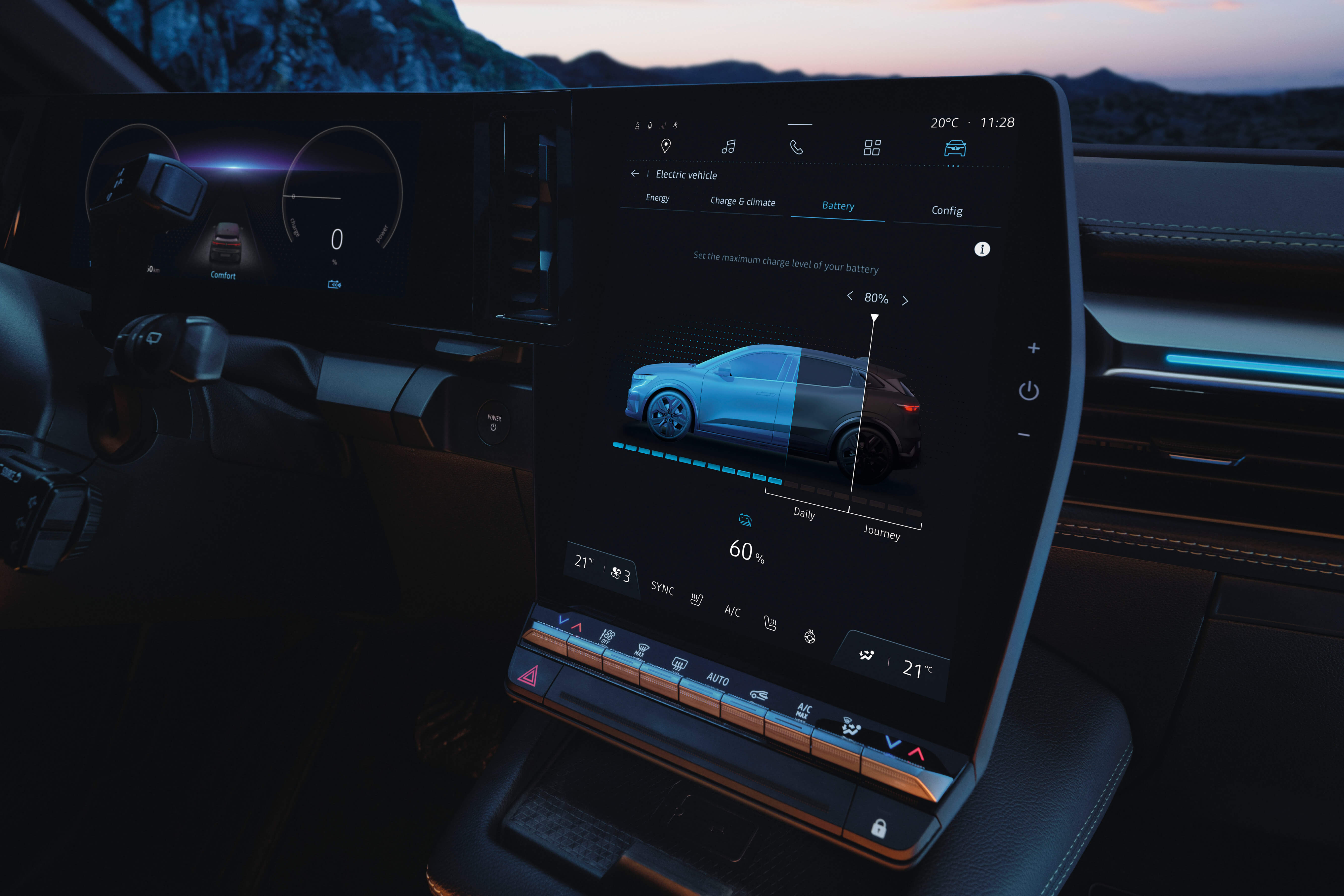 Visiškai elektrinio Renault MEGANE E-TECH Electric centriniame OpenR ekrane rodomi baterijos nustatymai