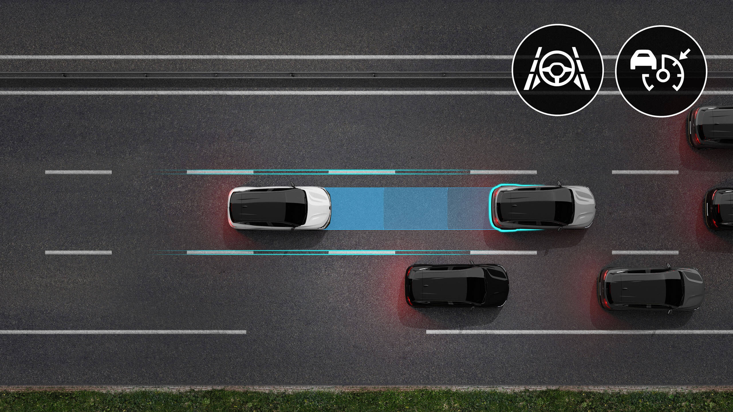 Grafinė iliustracija vaizduoja baltą visiškai elektrinį Renault MEGANE E-TECH Electric su įjungta aktyvia pagalbine vairavimo sistema važiuojantį greitkelyje