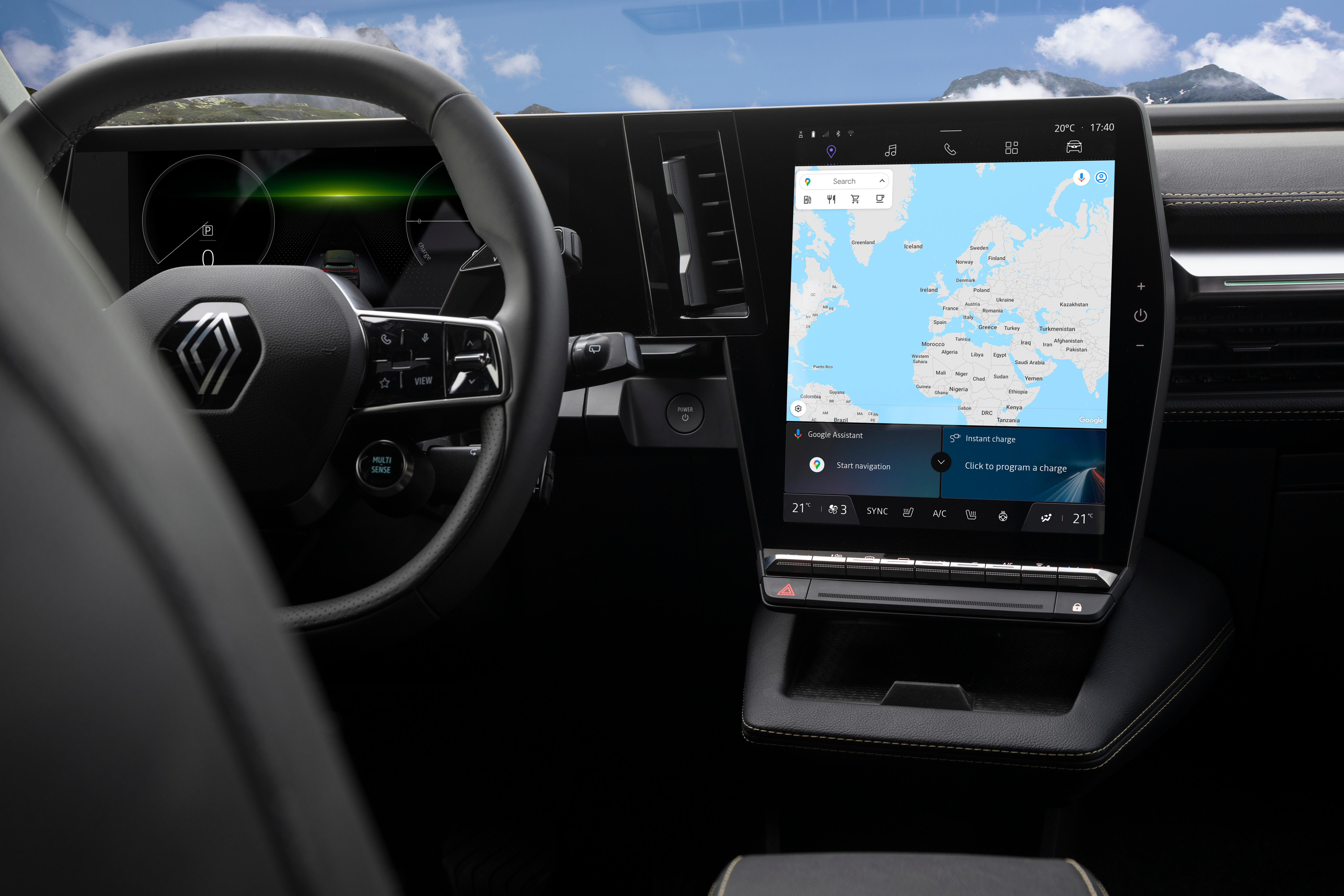 Visiškai elektrinio Renault MEGANE E-TECH Electric centriniame OpenR ekrane rodomi Google Maps žemėlapiai