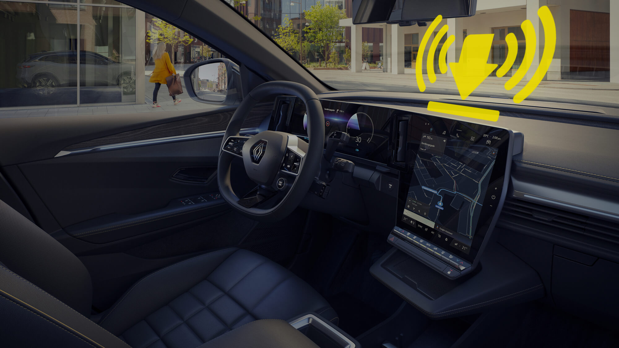 Visiškai elektrinio Renault MEGANE E-TECH Electric interjeras, matomas vairas, prietaisų skydas ir OpenR ekranas, geltonas grafinis simbolis vaizduoja nuotolinio programinės įrangos atnaujinimo funkciją
