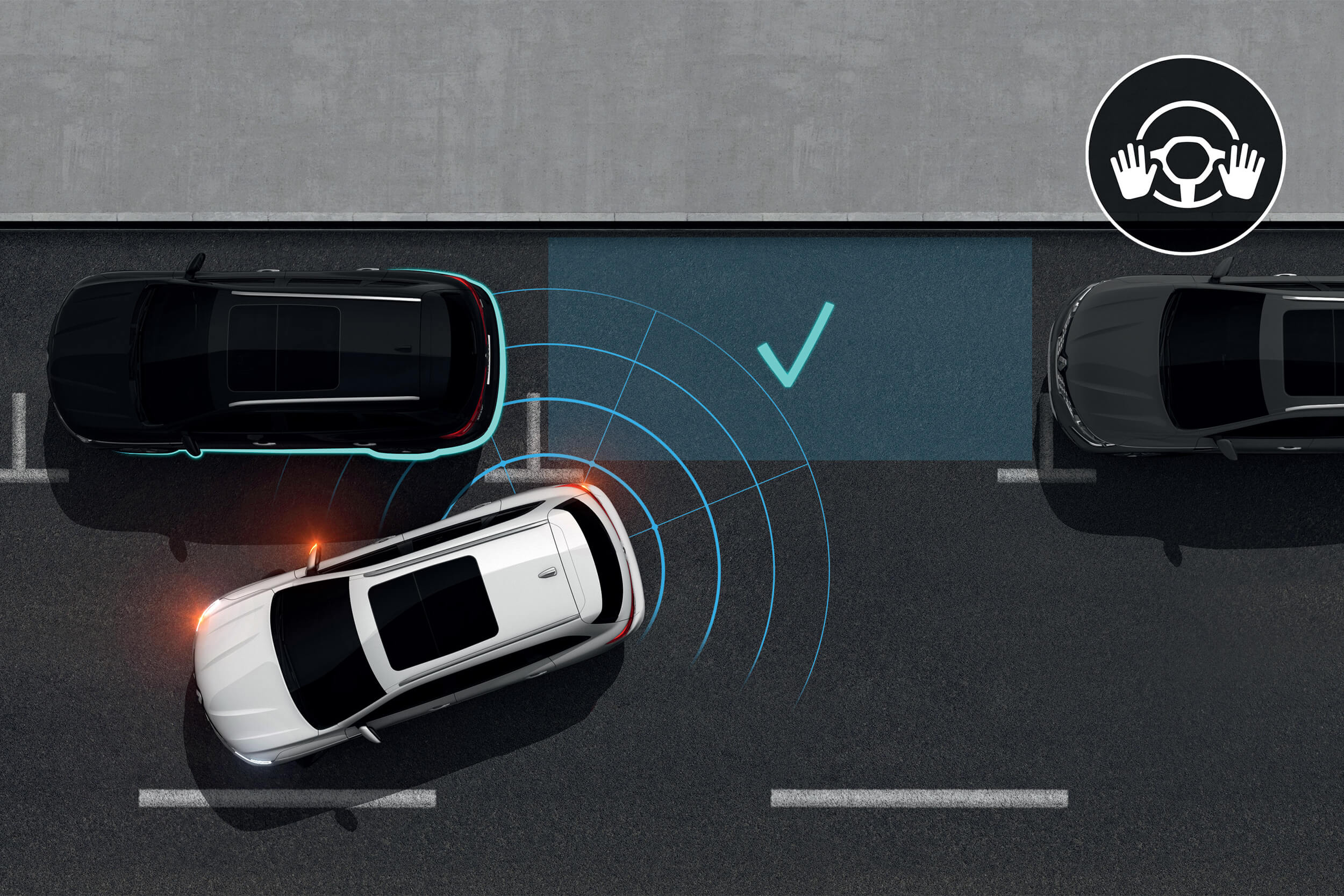 Grafinė iliustracija vaizduoja baltą Renault Koleos, įvažiuojantį į stovėjimą vietą, veikia Easy Park Assist sistema