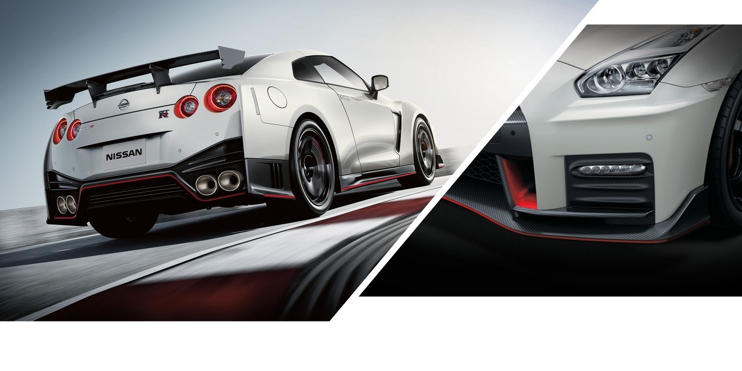 GT-R NISMO trasoje ir priekinio žibinto vaizdas iš arti